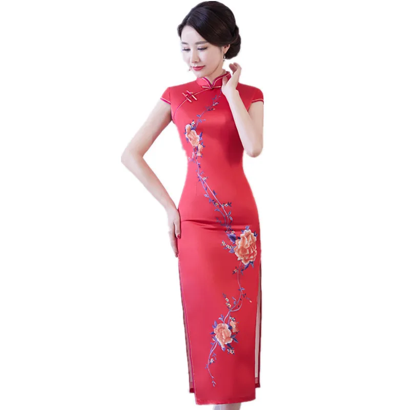 Для женщин, из искусственного шелка Qipao воротник стойка ручной работы Кнопка Cheongsam Новинка китайский формальный печати платье Большие размеры M L XL XXL XXXL