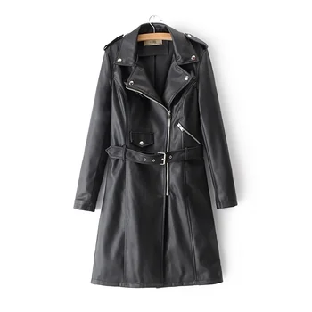 

2020 Women Black Soft Leather Jacket Dress Medium Length Slim Faux PU Leather Coats Elegant Tie Belt Waist Pockets Outfits