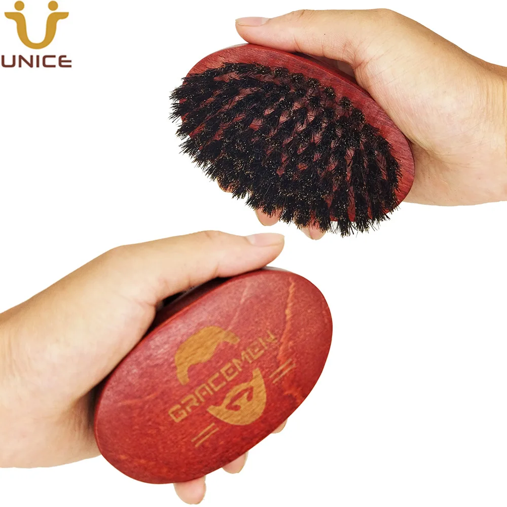 

MOQ 100 Set Personalized LOGO Men Beard Brush for Face / Head Hair Mustache Red Wood Handle with 100% Boar Bristles