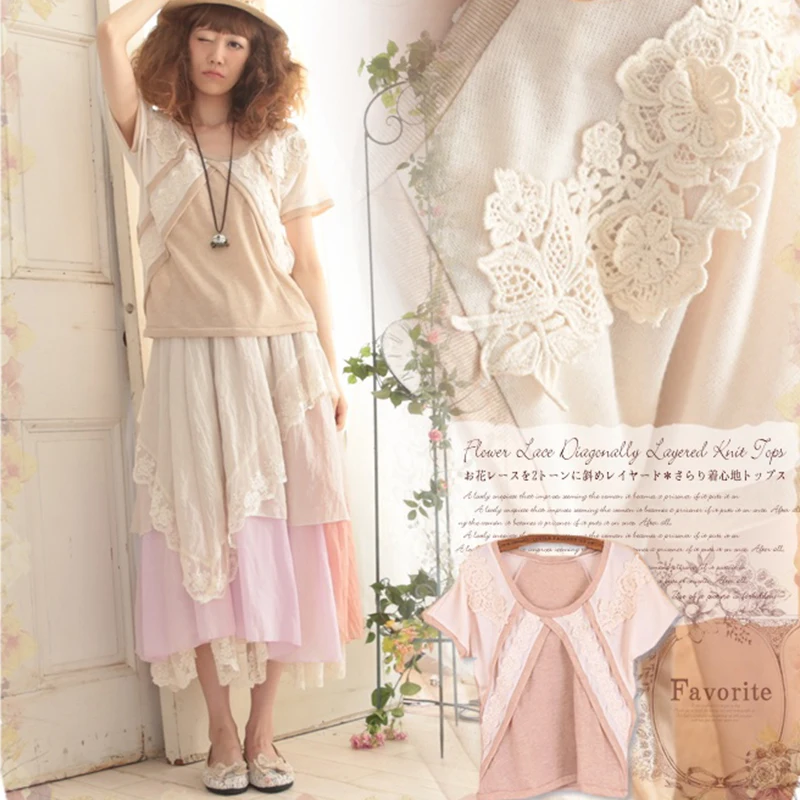 

Japanese Summer Mori Girl Sweet Tops Women Short Sleeve Patchwork Floral Lace Embroidery Female Kawaii T-shirt Tees A105