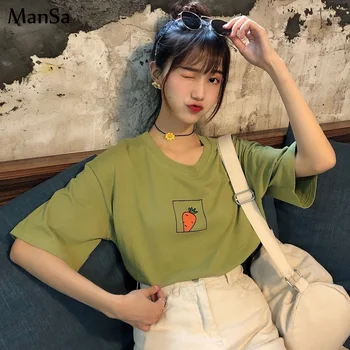 

2020 summer New Korean Avocado Green Tshirt Cute Carrot Printed Short Sleeve T Shirt Women Small Fresh Harajuku Tee Shirt Femme