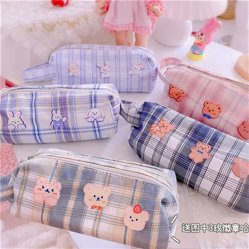 

1 Pcs Big Capacity Grids Pattern Canvas Pencil Case Girls Women Cosmetic Bags Makeup Case Travel Stationery Storage Bag