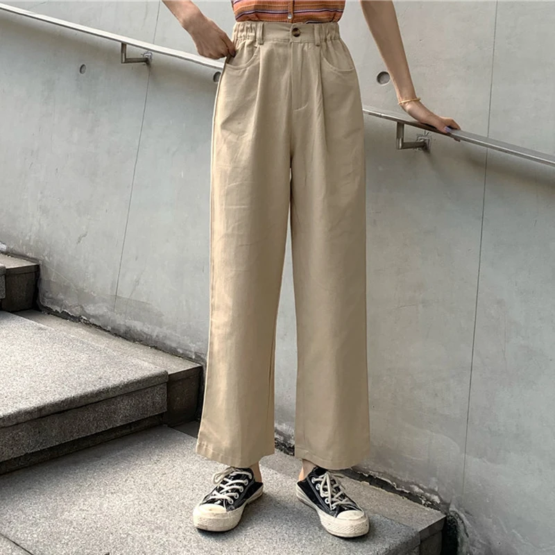 

HOUZHOU 2020 Korean Style Wide Leg Pants Women Fashion Korean Wide Pants Autumn Students Straight High Waist Trousers Women