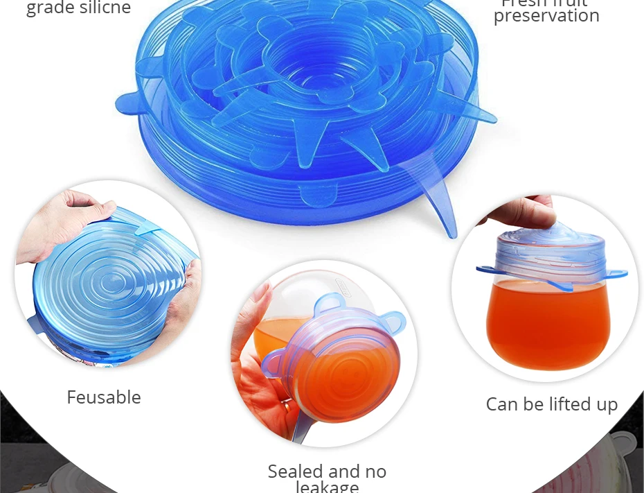 6 Pcs/ Set Universal Food Cover Keep Fresh Reusable Silicone Caps Stretch Lids For Cookware Food Dish Pot Kitchen Accessories