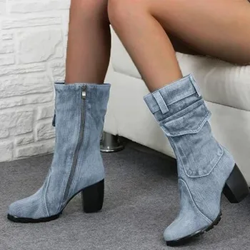 

BJYL Denim boots for Women Mid-rise Rome Solid color Large Size Shoes woman Slip-On Chunky Mid-calf Boots chaussures femme B506