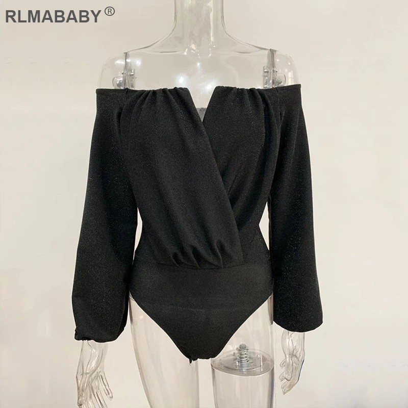 Black Bodysuit Rlmaaby блестящие с открытыми плечами с длинным рукавом сексуальные женские боди с рюшами облегающие комбинезоны комбинезон офисный Женский Повседневный боди - Цвет: Black Bodysuit