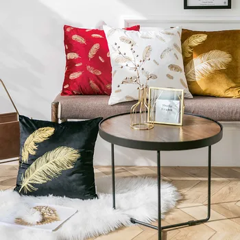 

DUNXDECO Cushion Cover Decorative Pillow Case Modern Simple Velvet Gold Feather Embroidery Coussin Sofa Chair Cushion Cover
