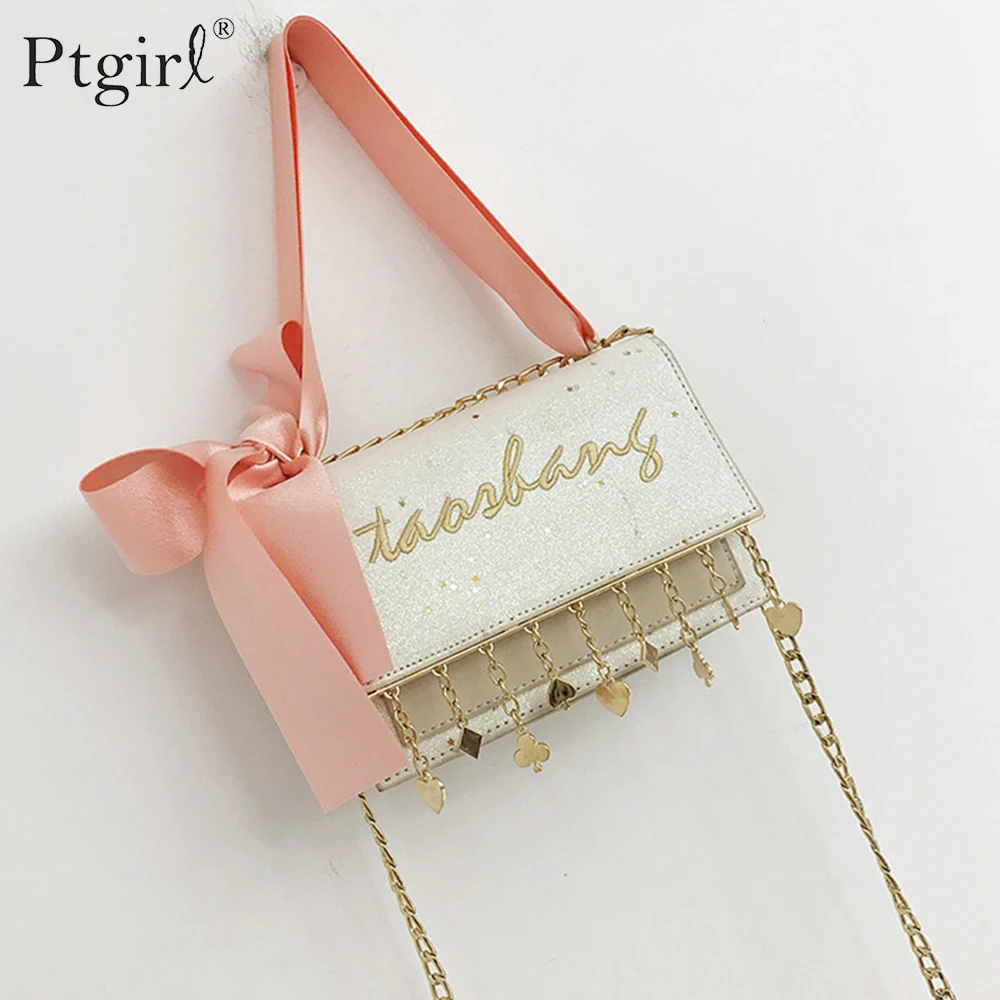 

Sequined Handbags 2019 New Fashion Ribbon Bow Small Square bag Ptgir High-quality PU Leather Women bag Tassel Chain Shoulder bag