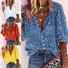 

2021 spring and autumn new women Polka dot snowflake print three-quarter sleeves V-neck button ladies shirt
