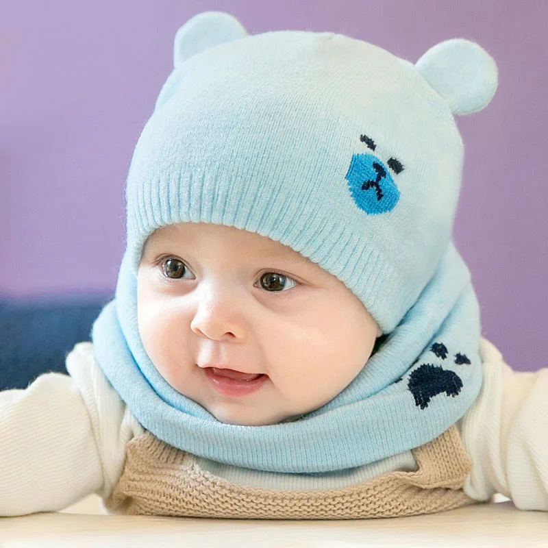 Осенне-зимняя детская шапка с ушками, милый мультяшный медведь, детские шапки для новорожденных, вязаная теплая детская шапка для девочек и мальчиков, шапочка, Детский набор из шапки и шарфа - Цвет: set blue