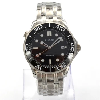 

BLIGER Mens SapphireLuminous black Dial bezel Wave Pattern Date Window Automatic Mechanical Wristwatch steel strap часы мужские