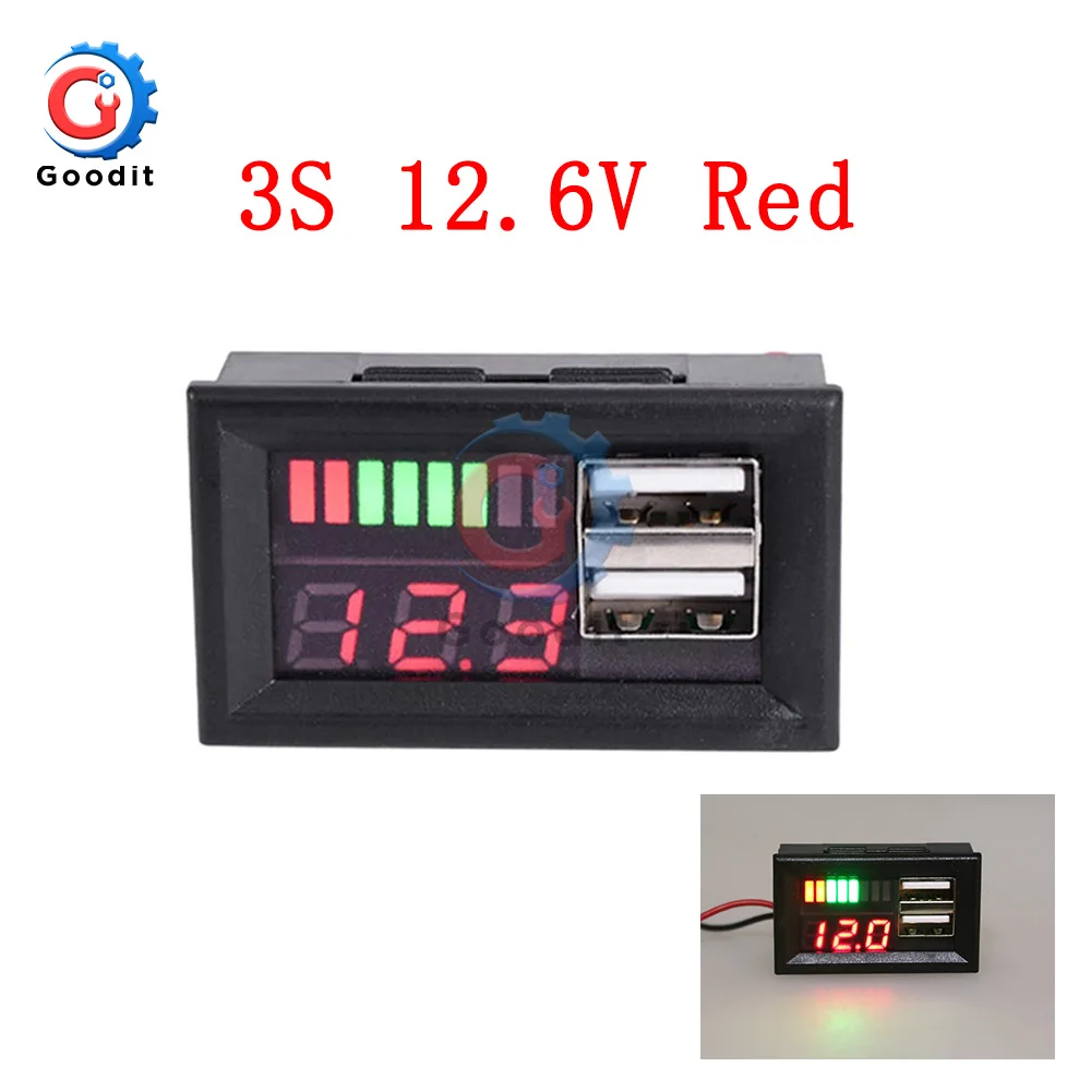 3S 12.6V Red Светодиодный DC 12,6 в двойной usb-порт Цифровой вольтметр 3S литий-железо фосфат свинец тестер кислотности для мобильного телефона адаптер USB выход - Цвет: 3S 12.6V Red