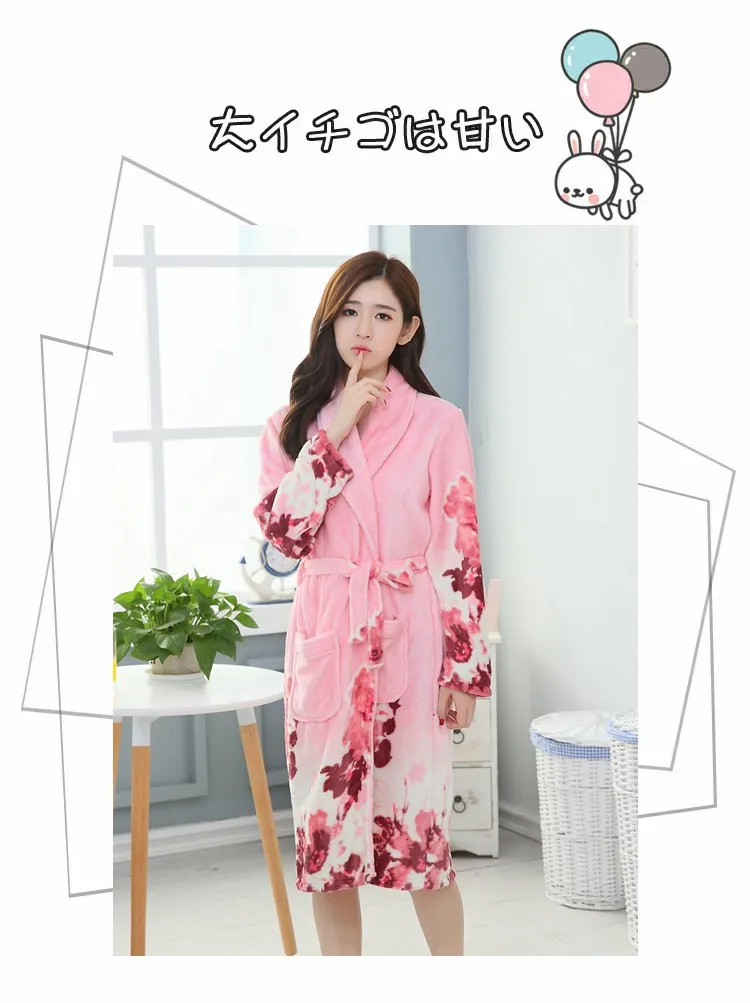 Зимний толстый теплый фланелевый с принтом кимоно халаты для женщин с длинным рукавом кораллового бархата пижамы халат Femme Домашняя одежда банный Халат