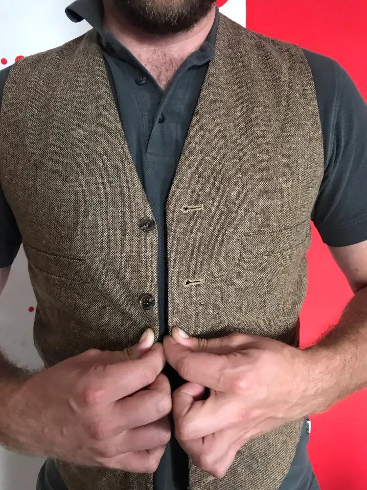 Black Tweed Waistcoat Mens Wool Vest Herringbone Slim Fit Collarless V- Neck Winter Gilet Chaleco Office Wear /Party
