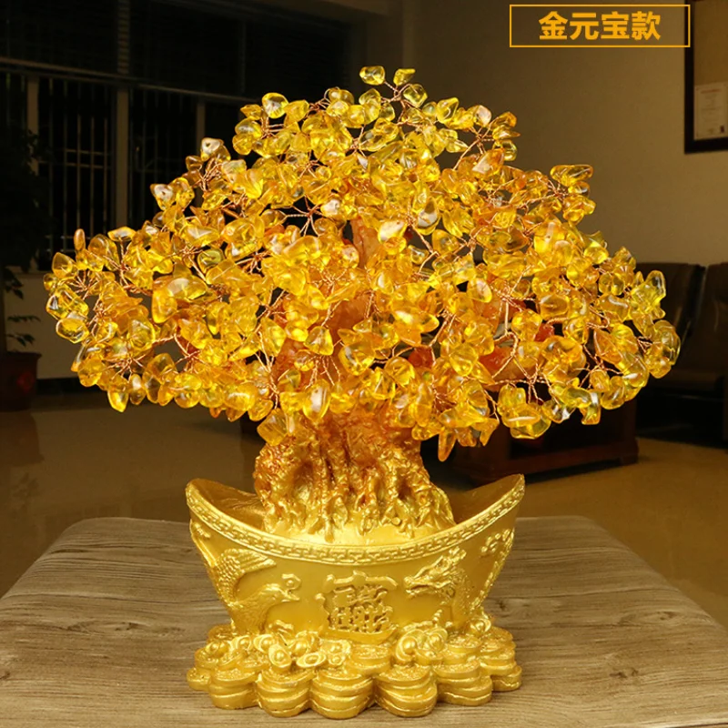 Lucky Money Tree Chinese Gold Ingot Crystal Fortune Tree Ornament Wealth Ornament Home Office Table Decoration Tabletop Crafts