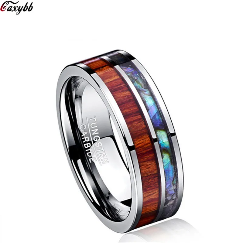 

Wood Inlay Titanium Steel Rings For Men 8 mm Abalone Shell Tungsten Carbide Ring Fashion Male Jewelry Accessory