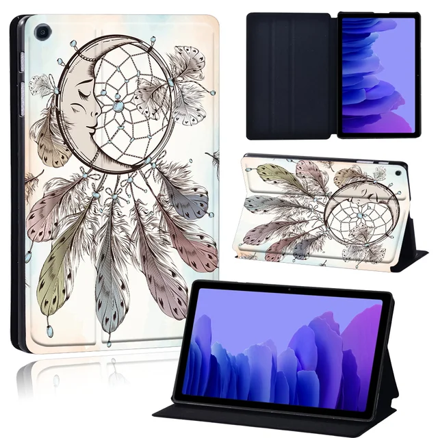 Tablets Case for Samsung Galaxy Tab A7 10.4 Inch 2020 T500/T505 Printed Feather PU Leather Tablet Stand folio Cover+ Free Stylus 21.moon dream feathe