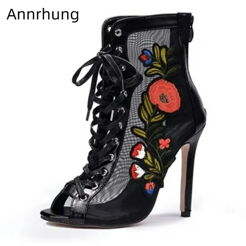 

Mesh Summer Ankle Boots Women Embroidery Flower Booties Sexy Peep Toe Cross Tied Front Hollow Party High Heels Short Botas Mujer