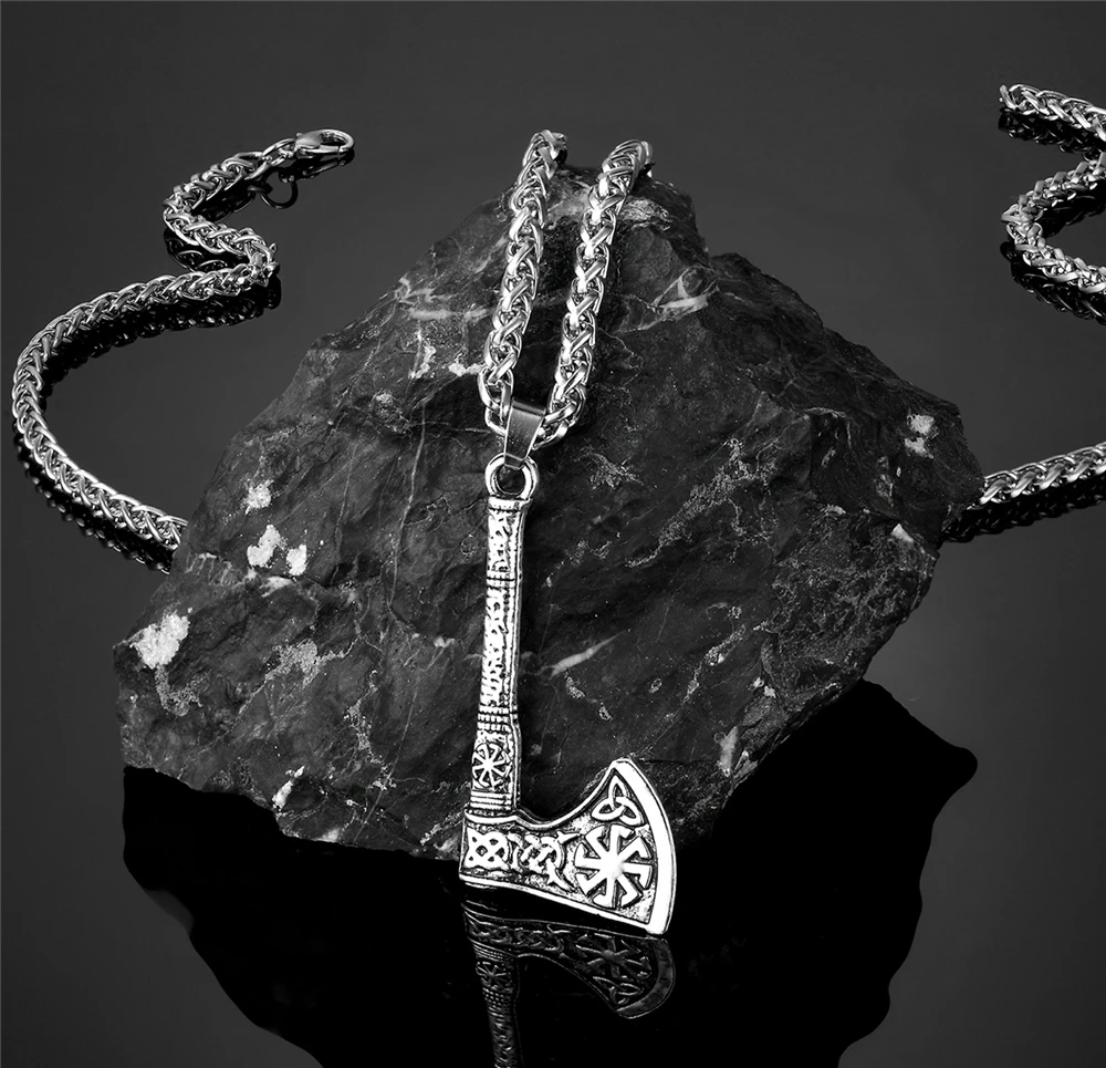 Viking Broad Axe Pendant Necklace Norse Ornament for Men 316L Stainless Steel Jewelry Men's Long Chain Necklaces Jewellery Gift