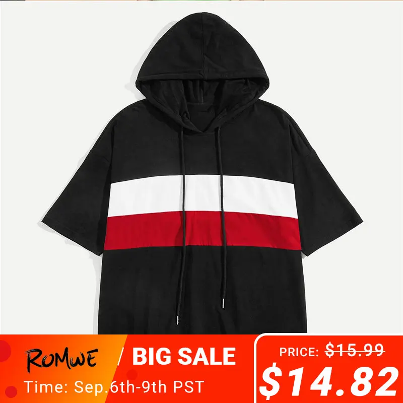 

ROMWE Men Black Drop Shoulder Short Sleeve Patchwork Drawstring Hoodies Summer Male Pullovers Colorblock Hooded Sweatshirts