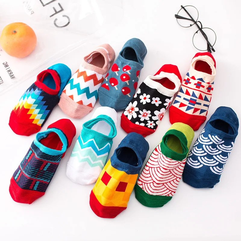Носки с геометрическим принтом в ретро-стиле Для женщин забавные удобные хлопковые носки-следки носки, милые, миленькие в японском стиле(«Каваий» искусство Happy в Корейском стиле; удобная уличная мода Повседневное Skarpetki