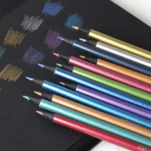 Crayons de couleur métalliques Non toxiques, 12 pièces, en bois noir, stylo à main, métal, plomb, papeterie de peinture Graffiti pour étudiants