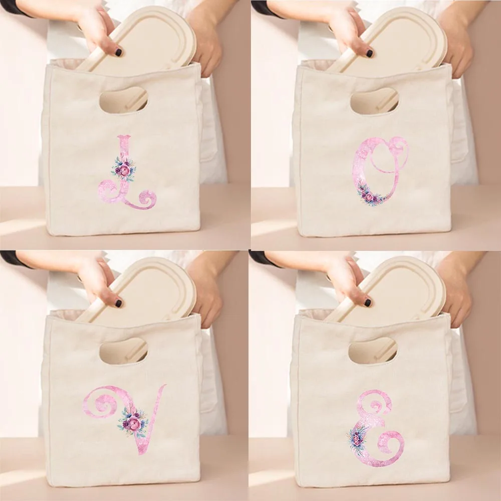 

Pink Letters A-Z Flower Printing Lunch Pouch Travel Outdoor Eco Picnic Box Causal School Cooler Bag Fashion Harajuku Handbag
