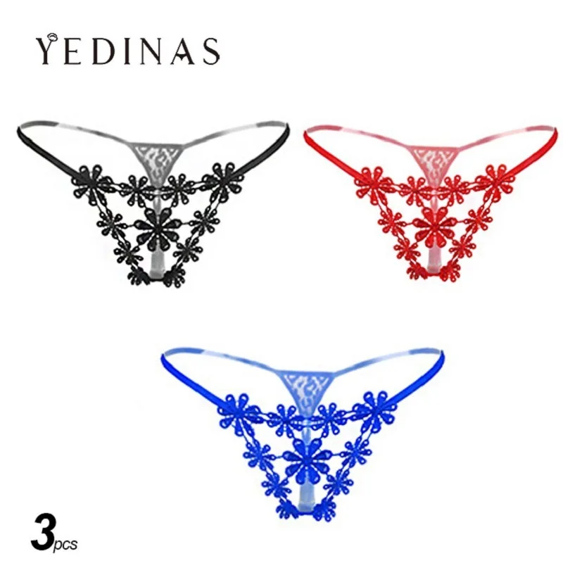 

Yedinas 3PCS/Lot Lace Tangas Sexis Transparent G Strings Thong Lingerie Sexy Panties Underwear Women Elegant String Femme Summer