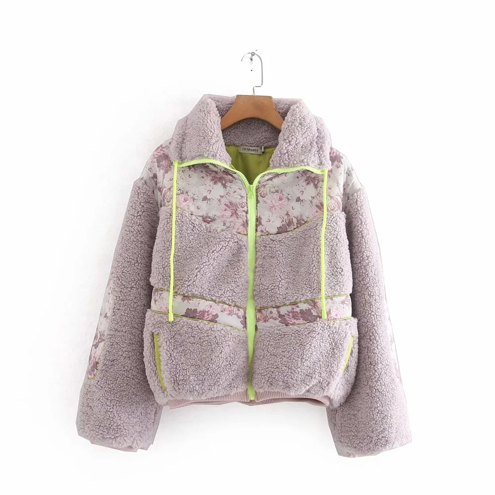 

Autumn 2019 women's new polo long sleeve color contrast retro loose floral warm plush cotton coat