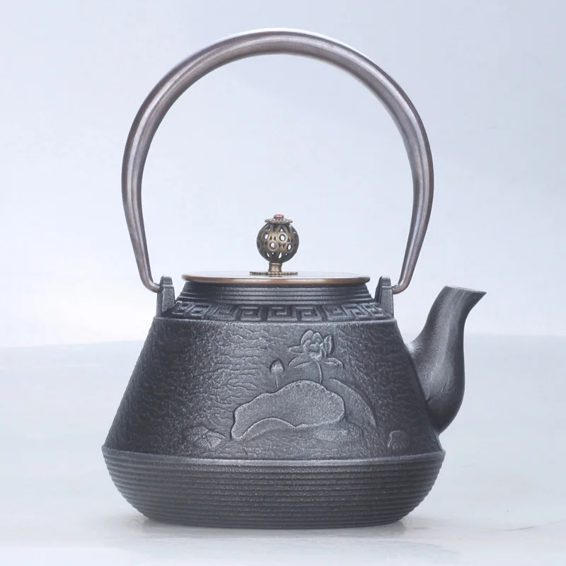 Japanese Cast Iron Tea Pot Without Coating Manual Annual Fish Play Lotus Copper Handle Cover