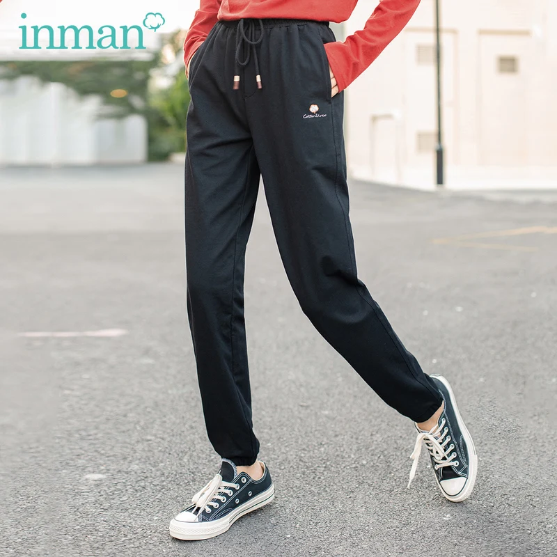 

INMAN 2020 Autumn New Arrival Drawstring Elastic Waist Cotton Embroidery Micro-elastic Pencil Trousers