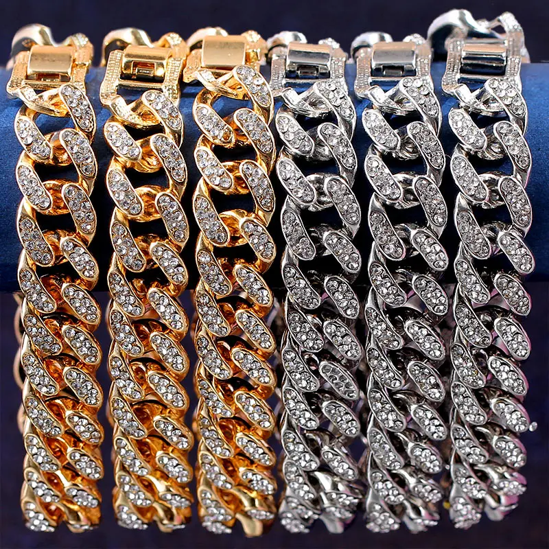New Fashion Luxury 12mm Iced Out Cuban Link Chain Bracelet for Women Men Gold Silver Color Bling Rhinestone Bracelet Jewelry