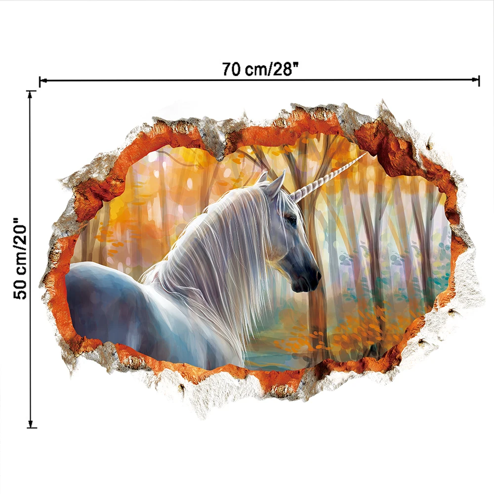 Магический Единорог, лошадь, птицы, наклейки на стену, 3D, на стену, эффект разрыва, наклейки на стену, обои для детей, для спальни, наклейка, плакат, фрески