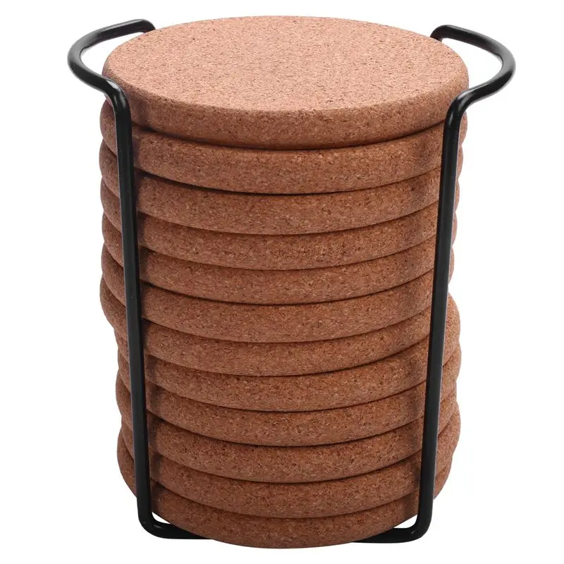 Best Reusable Natural Round Coasters for Bar Glass Cup Table 12 Set 4 Inch Thick Rustic Saucer with Metal Holder Heat & Water Resistant Cork Coasters with Lip for Drinks Absorbent 