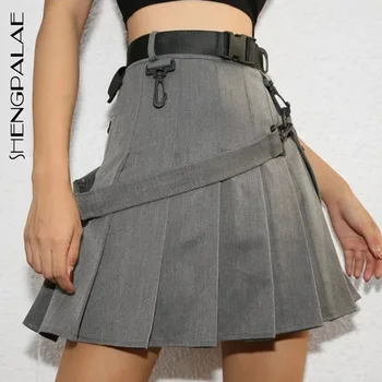 

SHENGPALAE 2020 Summer Fashion High Waist Cotton Grey Short Mini Pleated Cargo Skirt With Belt Women MG422