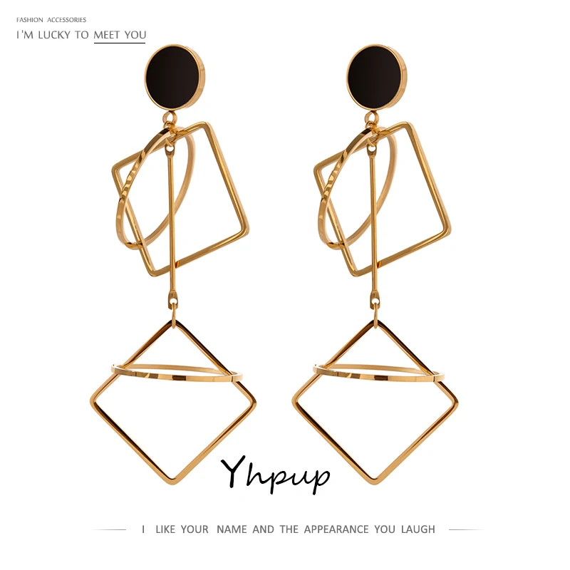 Yhpup Temperament Square Hollow Dangle Earrings Stainless Steel Jewelry Stylish Black Acrylic 18 K Bijoux Femme 2021 | Украшения и