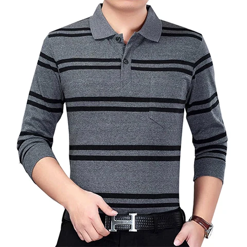 Осень-зима Мужская рубашка поло с длинными рукавами высокого качества среднего возраста мужская полосатая рубашка поло L-2XL