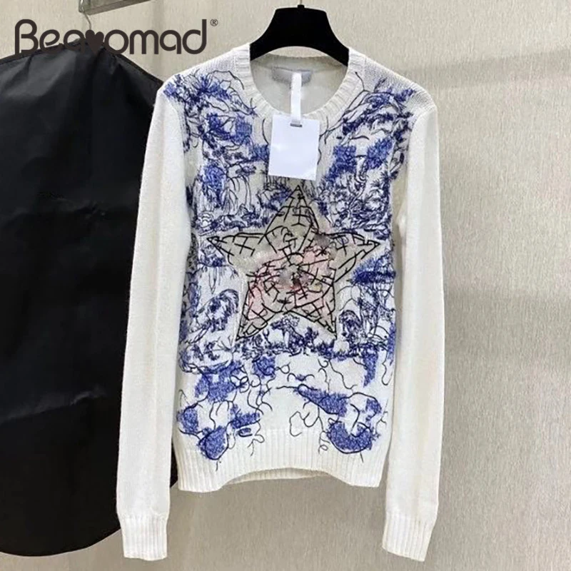 

Bearomad Runway High Quality Women's Cashmere Sweater Fine Embroidery Pattern Winter Long Sleeve Women Pullover