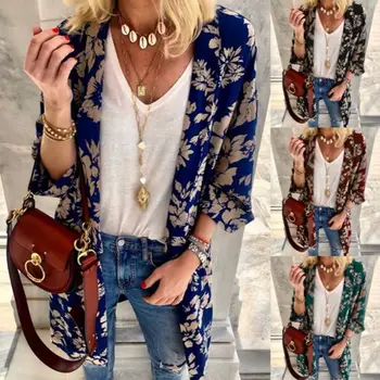 

Womens Spring Summer Open Front Kimono Cardigan 3/4 Batwing Sleeves Vintage Floral Print Blouse Jacket Midi Long Slim Outwear