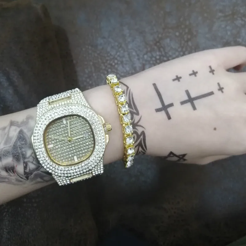 Мужские часы в стиле хип-хоп золотистого цвета, Роскошные мужские часы и браслет из золотистого и серебристого цветов, часы в Кубинском стиле с кристаллами и цепочкой в стиле хип-хоп для мужчин