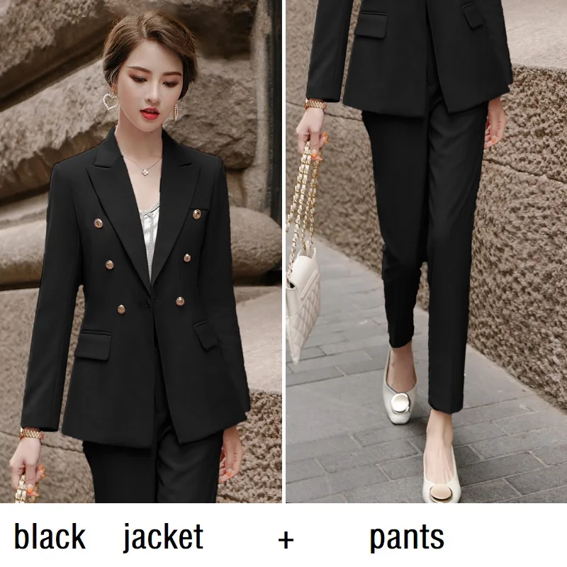 black jacket pants Женские костюмы, тонкие, весна-осень, одноцветные, блейзеры, куртки, штаны, 2 шт, набор, OL, формальные, женские, брючные костюмы, женские костюмы, 996 - Цвет: black jacket pants