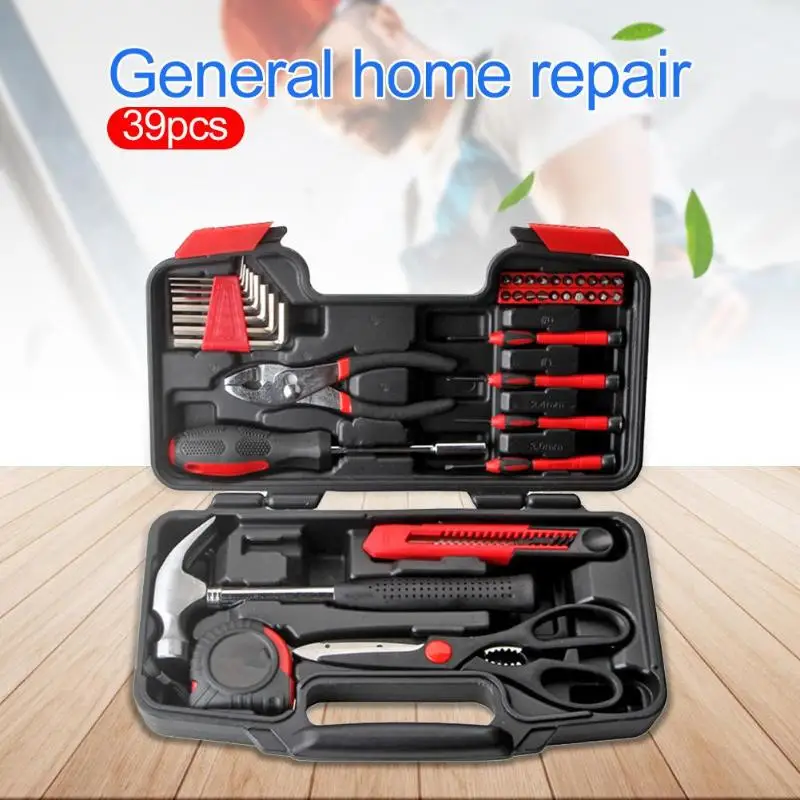 

39pcs Household Tool Kit Screwdriver Pliers Wrench Scissors Horn Hammer Hand Tool Set with Plastic Toolbox