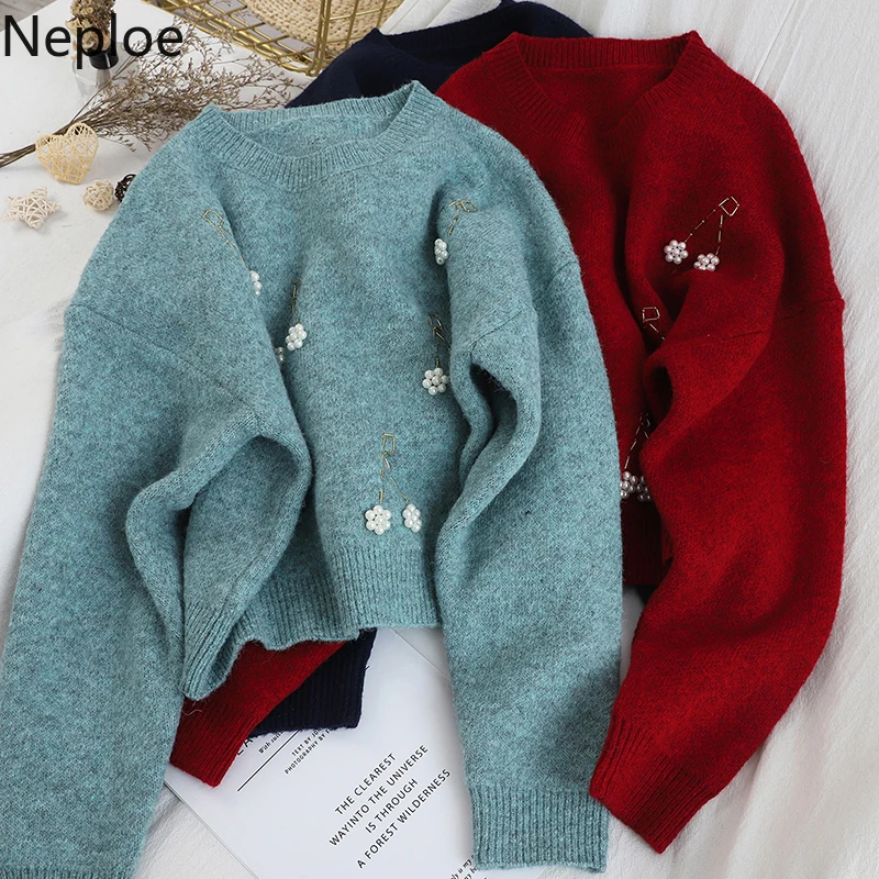 Neploe корейский дизайн с бисером Pull Femme Hiver толстый теплый пуловер с круглым вырезом и длинными рукавами свитер сплошной Свободный вязаный Sueter Winter48246