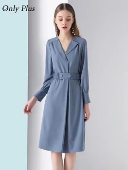 

Only Plus Blue Vintage Beltes Dress Elegant Women Solid Casual Office Lady Dresses 2020 Spring Autumn Loose Vestidos