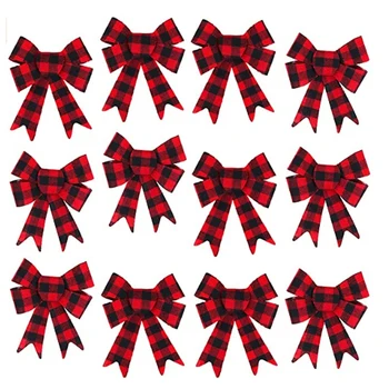 

12PC Christmas Plaid Bows Red and Black Buffalo Check Bows Holiday Decorative Bows for Xmas Tree Home Decor