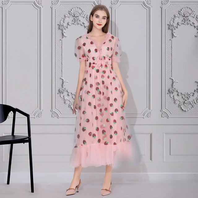 Maxi Dresses For Women 2021 Summer Strawberry Dress Plus Size Mesh Robe Sexy Party Club Elegant Female Casual Dresses Vestidos 5