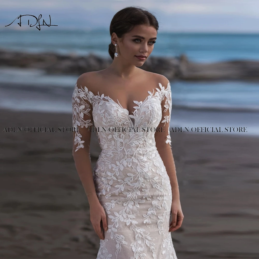 Sexy Scoop Long Sleeves Mermaid Wedding Dresses Customized abito da sposa Sweep Train Lace Bridal Gown vestido de casamento 3