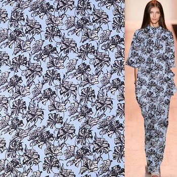 

Black and white floral print on light blue bottom pure silk twill fabric,STW120