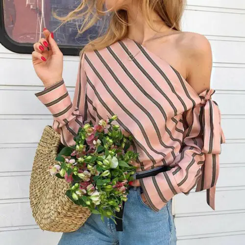 

Women Ladies Striped Off the Shoulder Short Sleeve Tops Casual Shirt Blouse 2020 Creative Fashion Striped Blouse Bow Tie Sleeve