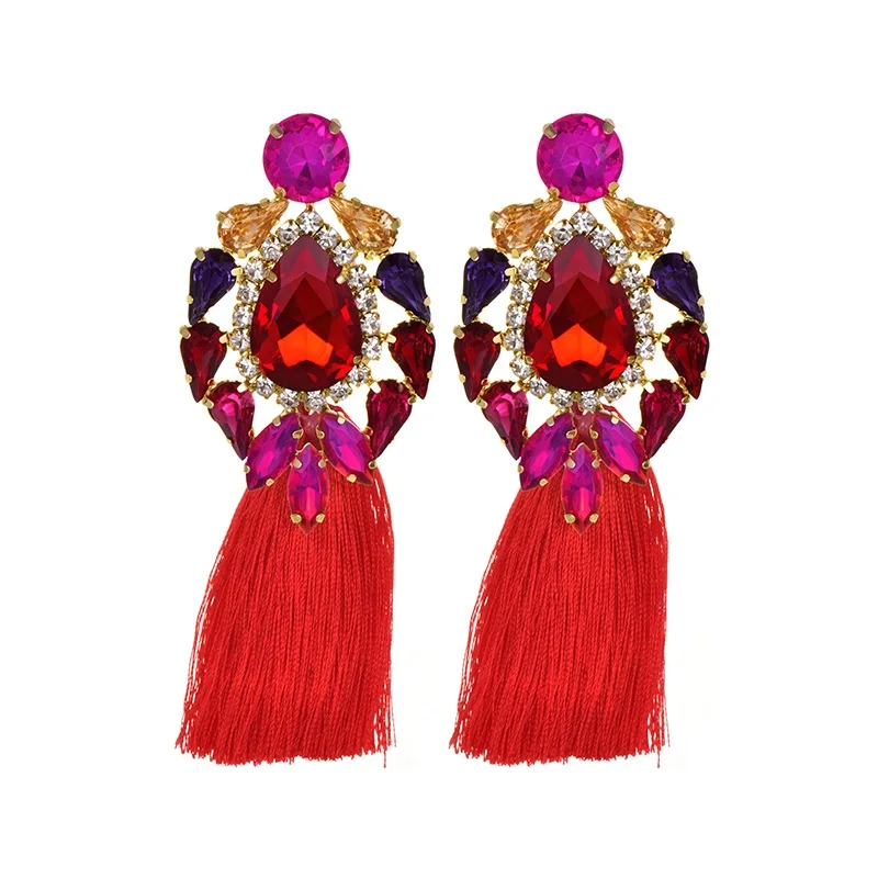 Handmade blue Big Crystal Flower Earring Vintage Ethnic Bohemian Rhinestone Long Tassel Drop Dangle Earrings for Women Jewelry - Metal Color: red red
